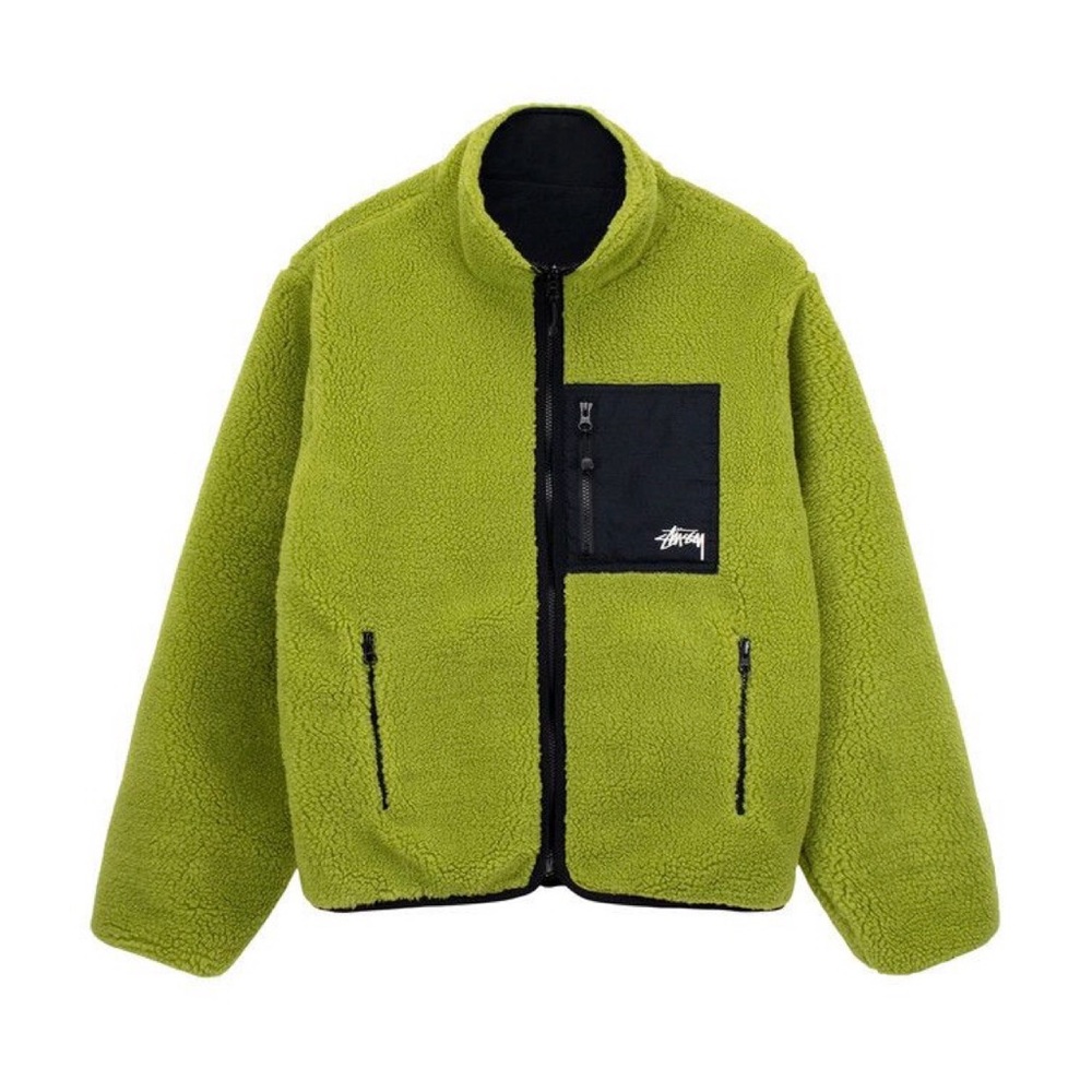 Stussy Sherpa Reversible Jacket Fleece Zip Up Moss Green Black Size XL - Picture 1 of 2